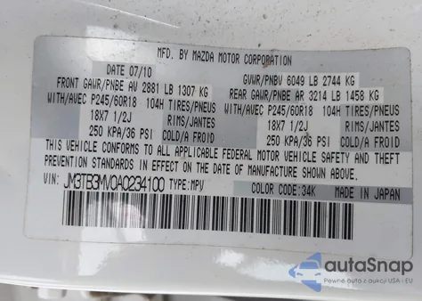 2010 Mazda Cx-9 Touring from USA, damaged, VIN JM3TB3MV0A0234100